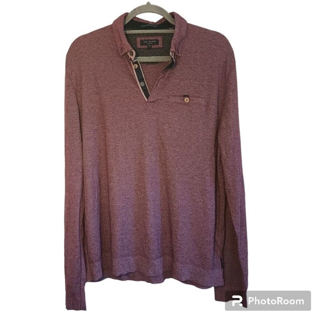 Ted Baker London Mens Purple Cotton Long Sleeve Quarter Button Polo Size 5